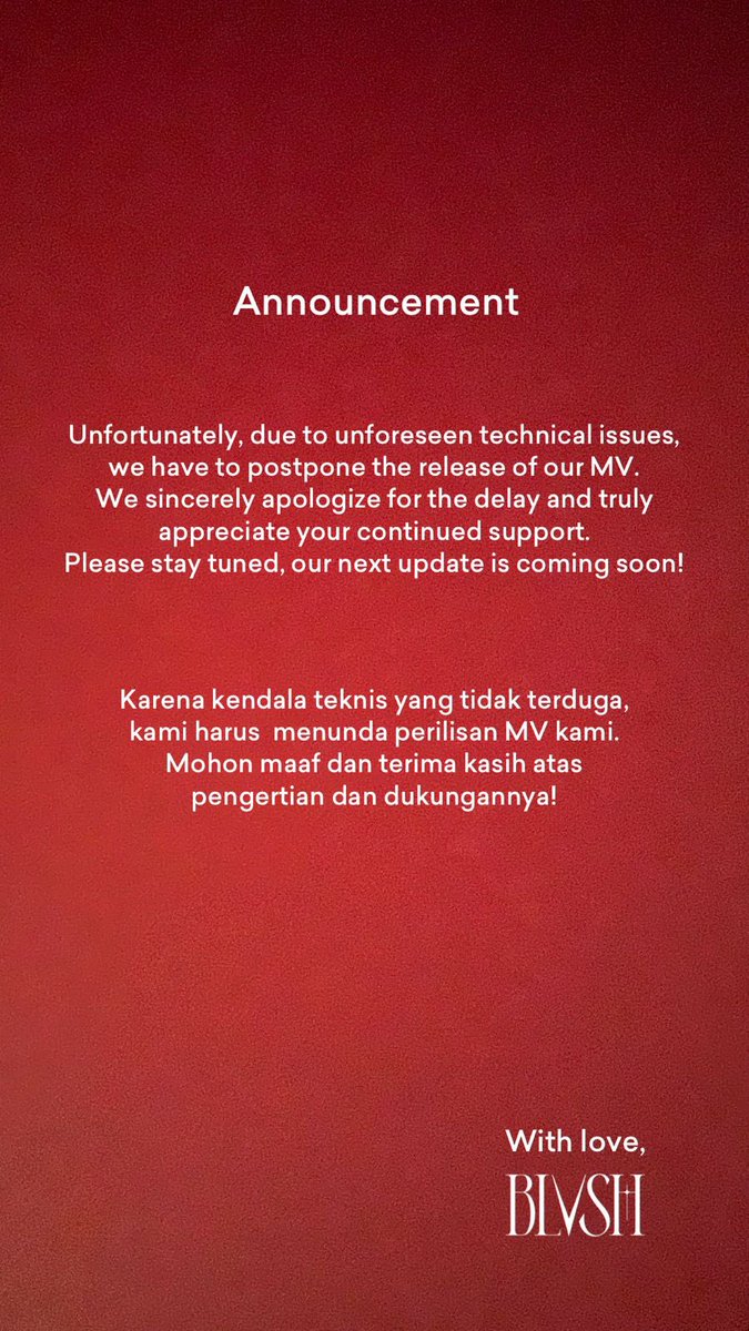 Halo semua,
Ada sedikit informasi mengenai jadwal perilisan MV kami ya.
Terima kasih.

#BLVSH #BLVSH_GODSPEED