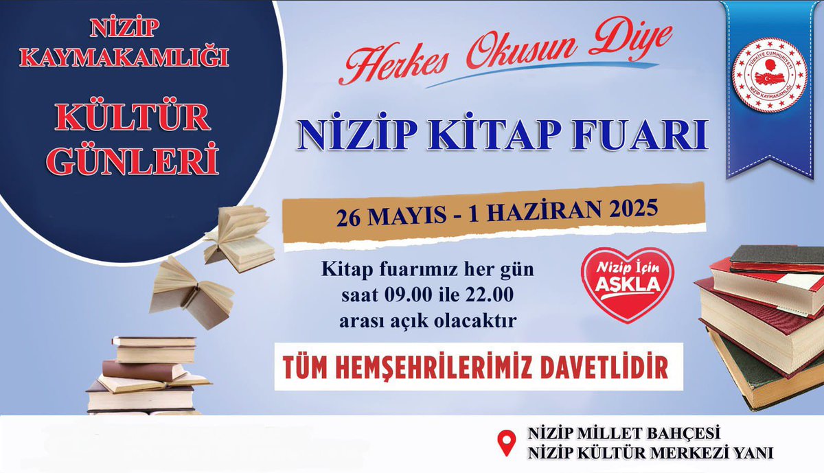 Kurum öğretmenlerimiz Burcu Babaoğlan Özdemir ve Kübra Gül ile birlikte Kurum Müdürümüz Fatih Kurt’un yer alacağı Nizip Kitap Fuarı yarın açılıyor.
Tüm halkımız davetlidir…
<a href="/BilsemNizip/">Nizip Bilsem</a> 
<a href="/NizipilceMEM/">Nizip İlçe Milli Eğitim Müdürlüğü</a> 
<a href="/faithkurtt/">fatih kurt</a>