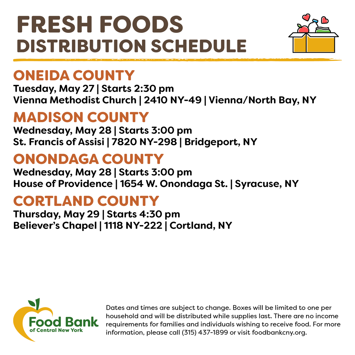 FoodBankofCNY's tweet photo. Here is this week's no-cost distribution schedule!

🚚 Mobile Food Pantry: #Preble, #Canastota, #Camden, #Westernville &amp; #WestLeyden

🍏 Partner Distributions: #Vienna / #NorthBay, #Bridgeport, #Syracuse 
&amp; #Cortland

Find Food: https://t.co/vZGHeanRyO https://t.co/biy6Jansch