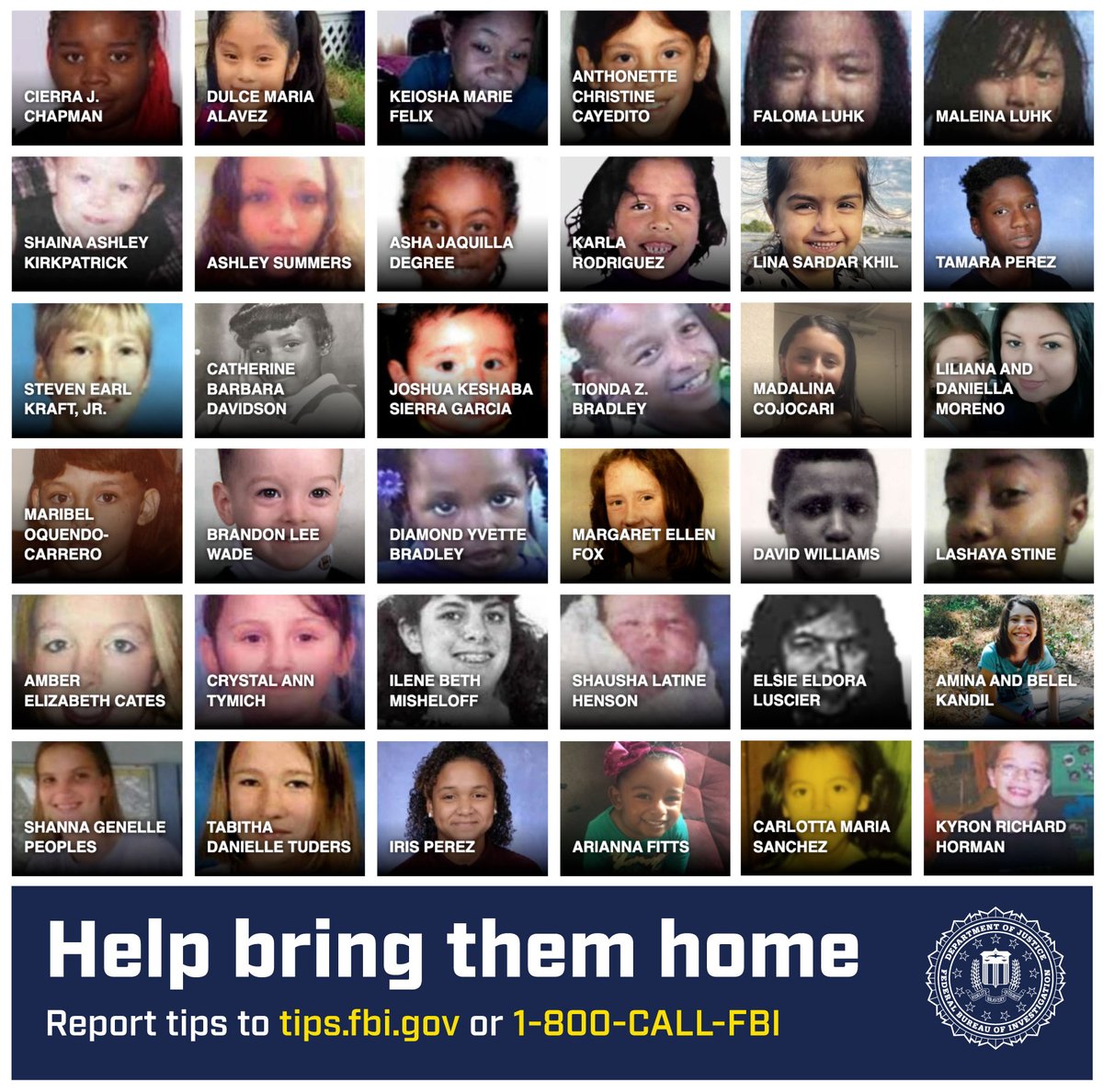 The #FBI works to find missing children no matter how long ago they disappeared, but we need YOUR help. 
This #MissingChildrensDay, help us bring them home by:
💻Reviewing fbi.gov/wanted/kidnap
📲Report tips to tips.fbi.gov 
📞Call 1-800-CALL-FBI (1-800-225-5324).
