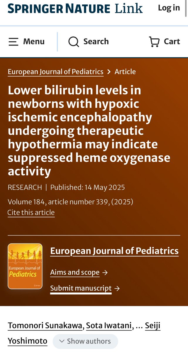JAPANicu's tweet image. Sunakawa et al. conducted a matched case-control study in newborns with HIE who underwent TH and controls without HIE to evaluate bilirubin dynamics and HO activity in moderate to severe HIE newborns undergoing TH within a Japanese cohort.
link.springer.com/article/10.100…
#neotwitter