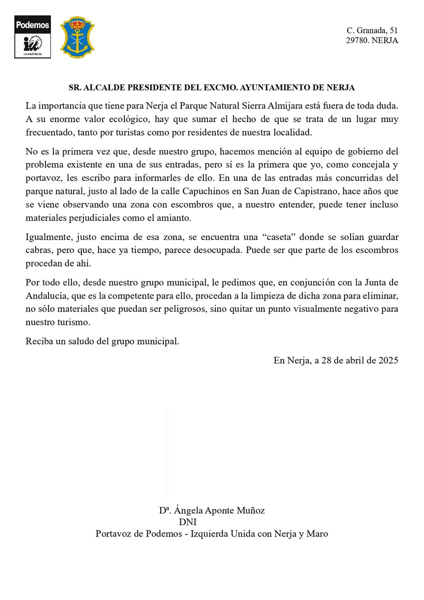 adelantenerja's tweet photo. Nuestra portavoz en el Ayuntamiento de Nerja, Á𝐧𝐠𝐞𝐥𝐚 𝐀𝐩𝐨𝐧𝐭𝐞, ha presentado un escrito en el que se alerta de una situación que afecta a uno de los accesos más transitados del Parque Natural Sierra Almijara, junto a la calle Capuchinos (San Juan de Capistrano). https://t.co/f4hIxwMPt5
