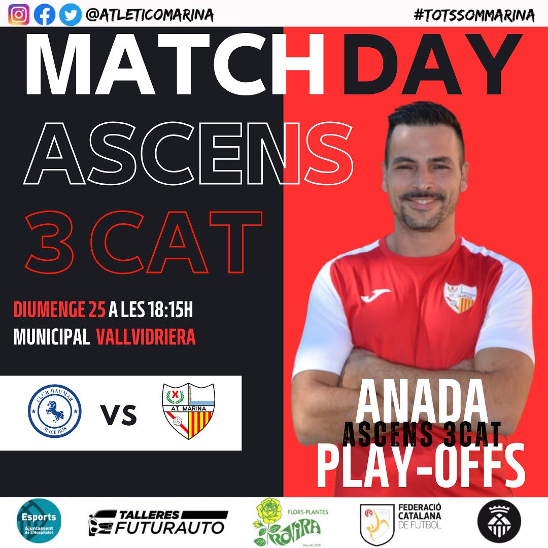 Hoy podéis ver el partido de ida de las semifinales de ascenso a 3 catalana. 
⚽️ 18:15 Atlético Marina vs Daumar 

🔗 twitch.tv/elpresidente_n1