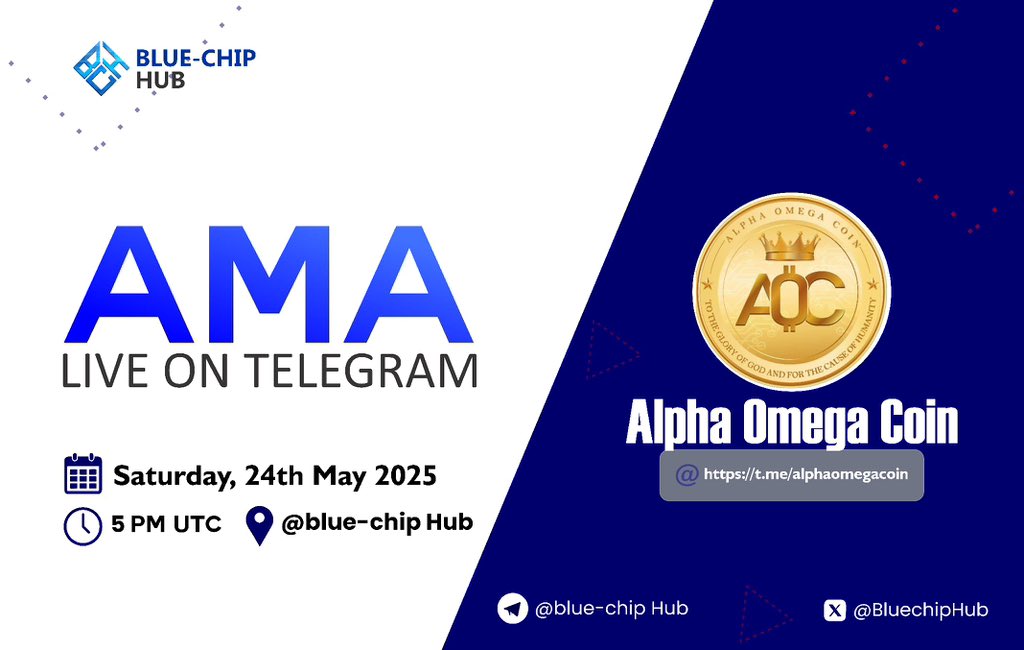 Thebluechiphub's tweet photo. BlueChip Hub will be hosting a voice #AMA with @AlphaOmegaCoin1
Venue For AMA
https://t.co/yGaFHsozZ1
Date: May, 25th 2025
Time: 2pm UTC
RT and Tag two friends you’d love to see at the AMA , there will be giveaways
#BlueChipHub #UnbottedAMA #AMAs https://t.co/iKD6uGcbjT