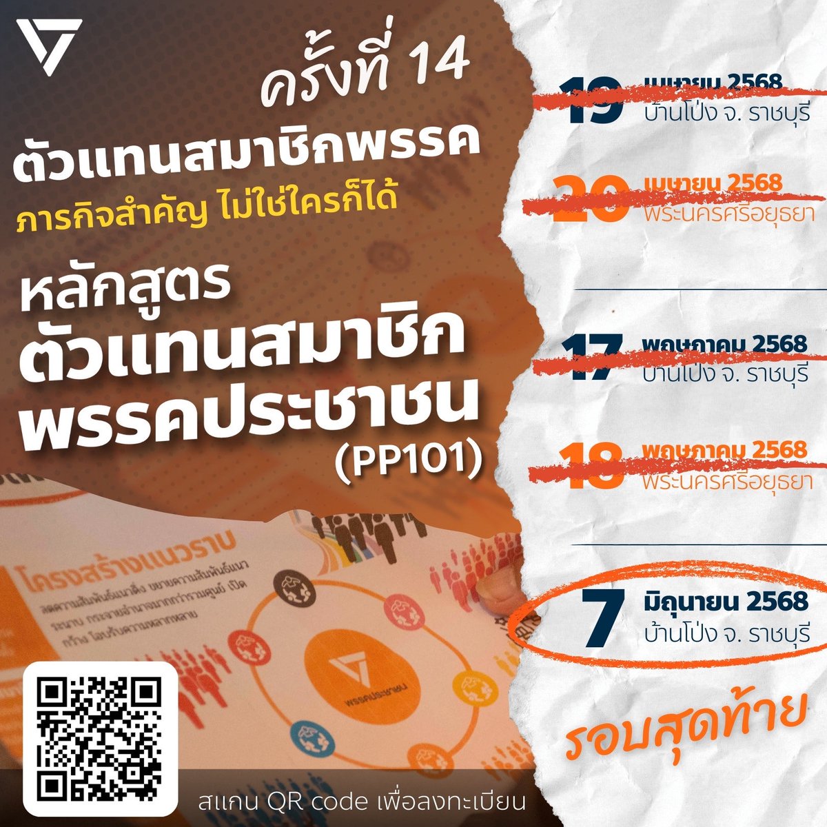 รอบสุดท้าย!!!  กับ "หลักสูตรตัวแทนสมาชิกพรรคประชาชน (PP101)" รอบราชบุรี ประตูด่านแรกสู่ตัวแทนสมาชิกพรรค และ นักการเมืองประชาชน✊🏼

📆 วันที่ 7 มิถุนายน 2568
📍 โรงแรม ไทยนำ บ้านโป่ง  

ลงทะเบียนได้ที่  👉 act.pplethai.org/event/94299/