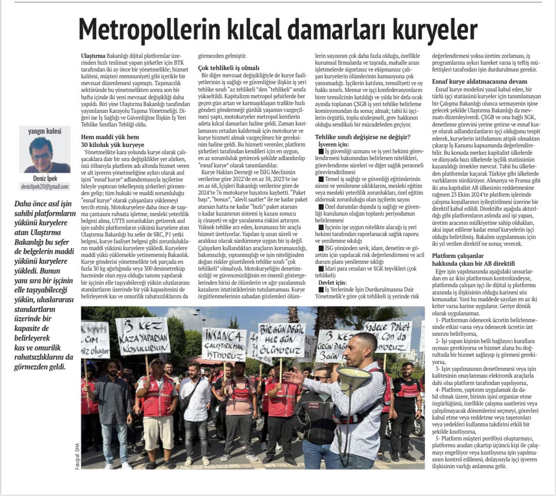 Esnaf kurye modelini yasal kabul eden, bir türlü işçi statüsünü kuryeler için tanımlamayan bir Çalışma Bakanlığı olunca sermayenin işine gelecek şekilde Ulaştırma Bakanlığı da mevzuatı düzenleyiverdi.