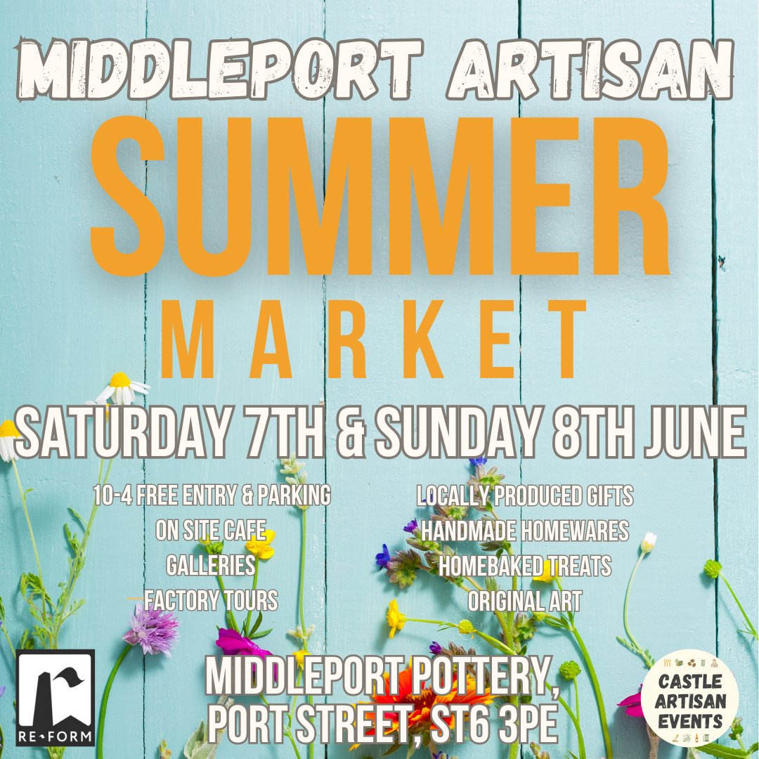 7th &amp; 8th June
Middleport Artisan Summer Market
10am to 4pm
FREE ENTRY
Come &amp; join the local makers &amp; bakers for tasty treats and unique gifts 
#middleport #middleportpottery #stokeontrent #staffordshire #artisanmarket
