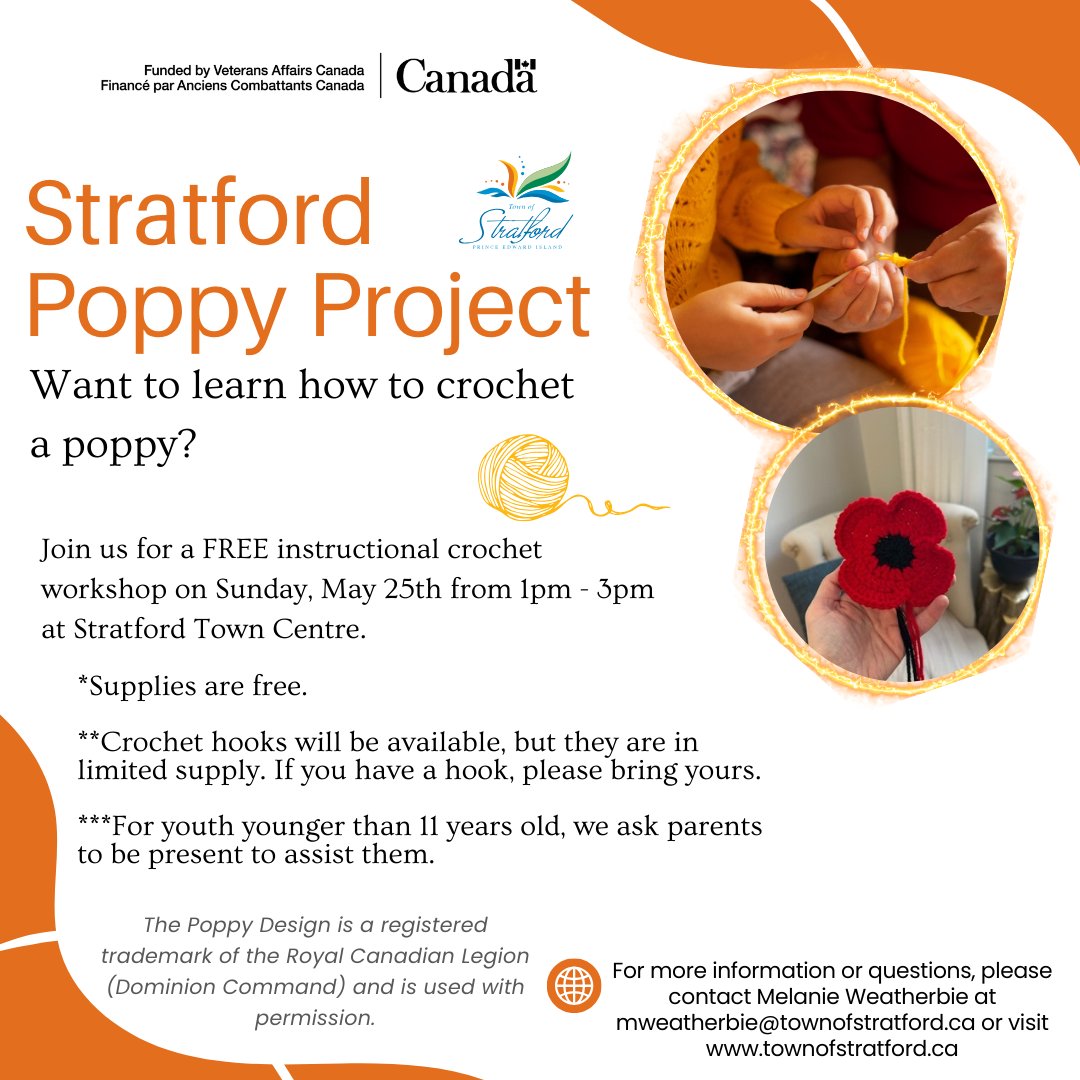 StratfordPEI's tweet image. Looking for something to do today #StratfordPEI? Join our free workshop to learn how to crochet a poppy! 🧶
Be part of the Stratford #PoppyProject!