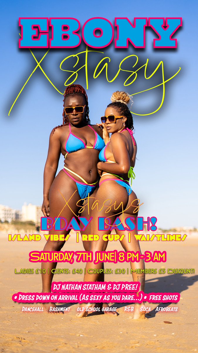 EBONYXSTASY The only place to be June 7th!!

Let’s celebrate XSTASY’s Bday! This time with ISLAND VIBES for the Island Gyal!! 🏝️ 

📍Partners Club in Bury, Manchester.

DM to get your names down on the Guestlist ASAP! 

Good Vibes, Energy and People 🤪😈💦

Don’t Miss Out 👀