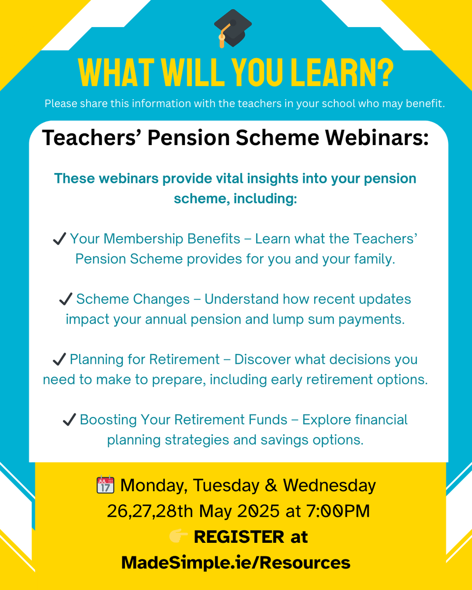 Starting Tomorrow!! Have you registered yet? 

👨🏫 Teachers’ Pension Scheme Webinars On:

📆 Monday, Tuesday &amp; Wednesday 26,27,28th May 2025 at  7:00PM

👉 Book your place to a more secure financial future today!