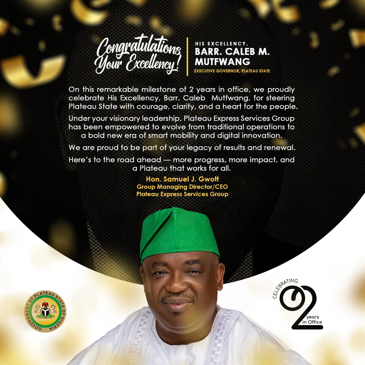 Samuel Gwott (@samuelgwott) on Twitter photo Two years of steadfast leadership, dedication, and transformative progress. We are honored to stand with you on this journey toward a brighter, more prosperous future for all. Hereโs to many more milestones ahead, Your Excellency, Barr. <a href="/CalebMutfwang/">Caleb Mutfwang</a> ๐ Two years of steadfast leadership, dedication, and transformative progress. We are honored to stand with you on this journey toward a brighter, more prosperous future for all. Hereโs to many more milestones ahead, Your Excellency, Barr. <a href="/CalebMutfwang/">Caleb Mutfwang</a> ๐