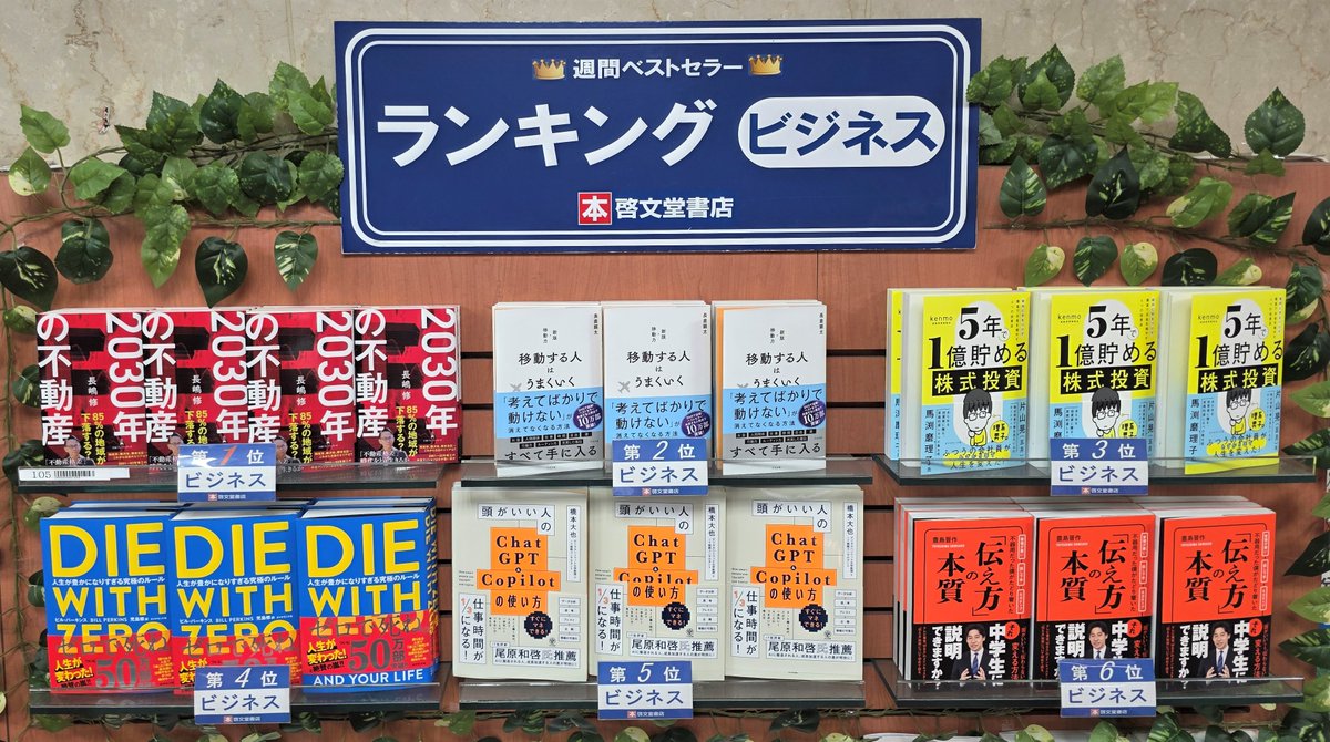【ランキング情報】
今週(5/18～5/24調べ)のビジネス書ランキング。
お買い物の際に、お役立てください。
今週の１位「#２０３０年の不動産 」 #長嶋修 著 #日経ＢＰ です。
#ビジネス書　#ランキング