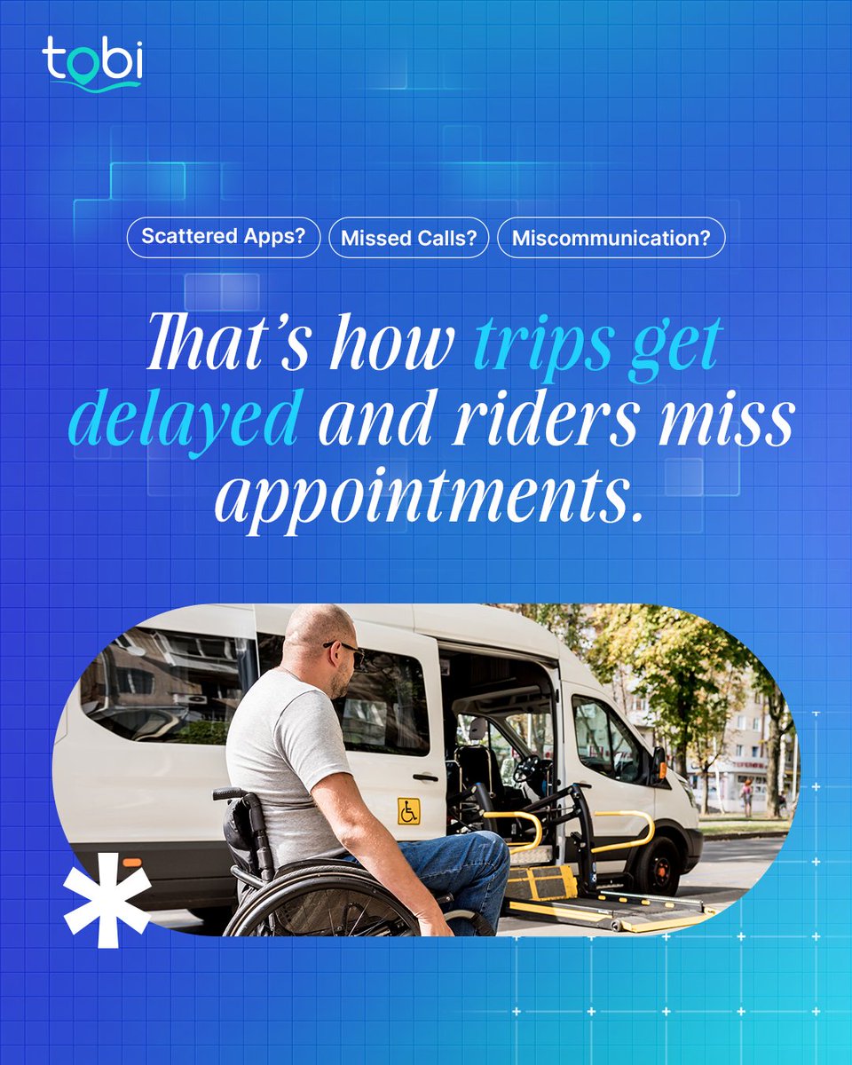 TobiSoftware's tweet image. Miscommunication between drivers and dispatchers causes delays, missed trips, and frustration.
Relying on phone calls and scattered apps slows you down.

No more missed calls or miscommunication. Book your demo now: tobicloud.com/request-a-demo/

#NEMTSoftware