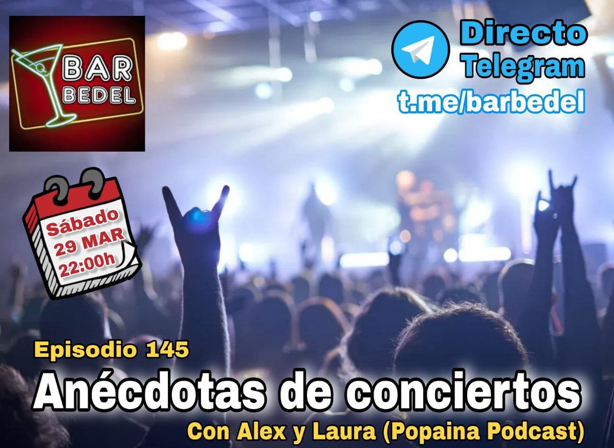 Bar Bedel (@elbarbedel) on Twitter photo Programa muy especial con Alex <a href="/Berlanguki/">Alex Berlanga</a> y Laura Su, el 50% de Popaina Podcast, charlando de anécdotas de conciertos a los que han asistido. Divertido y curioso! Poned la oreja!
Ivoox: go.ivoox.com/rf/148448715
Feed: feeds.feedburner.com/BarBedel
Telegram: t.me/barbedel Programa muy especial con Alex <a href="/Berlanguki/">Alex Berlanga</a> y Laura Su, el 50% de Popaina Podcast, charlando de anécdotas de conciertos a los que han asistido. Divertido y curioso! Poned la oreja!
Ivoox: go.ivoox.com/rf/148448715
Feed: feeds.feedburner.com/BarBedel
Telegram: t.me/barbedel