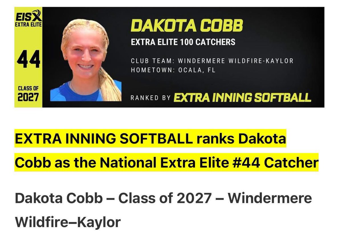 Dakota Cobb (@dpcsoftball24) on Twitter photo Thank you <a href="/ExtraInningSB/">EXTRA INNING SOFTBALL</a> for this amazing recognition !!! This makes me want to work even harder to help myself and my teammates be the best we all absolutely can be! This game can seem easy when you surround yourself with amazing teammates and coaches Thank you <a href="/ExtraInningSB/">EXTRA INNING SOFTBALL</a> for this amazing recognition !!! This makes me want to work even harder to help myself and my teammates be the best we all absolutely can be! This game can seem easy when you surround yourself with amazing teammates and coaches