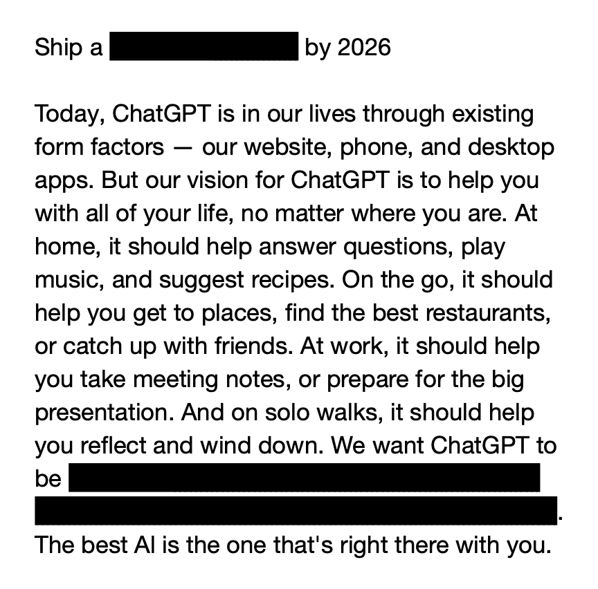 TechEmails's tweet photo. OpenAI: "Ship a [REDACTED] by 2026"

December 2, 2024 https://t.co/ksYN2iL0rg