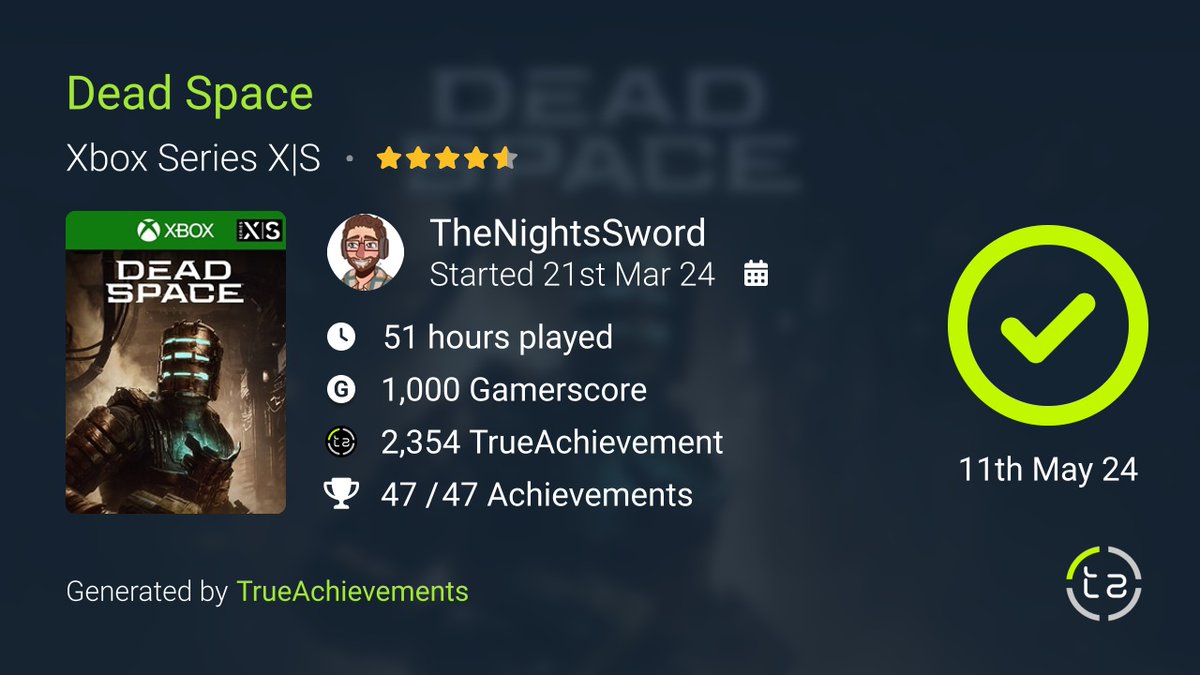 TheNightsSword's tweet photo. 🎮 Dead Space (2023)
✅ Completion: All Achievements
⭐ Score: 4.5/5 Completion Swords 🗡️
💭 Brutal, claustrophobic, and deliciously stressful. Would suffer again.
#DeadSpace #TheNightsSword #GameCompletion #AchievementHunter https://t.co/ucYfyHnr6B