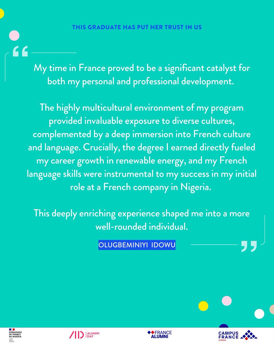 📌Meet Miss Gbeminiyi Idowu, one of our distinguished panelists, who will be speaking on the France Alumni day on the theme: Talents to change the world.

🗓️ 31st May 2025
🏫 Alliance Française, Ikoyi, Lagos
⏰12:00 PM – 6:00 PM
🆓🔗 Click the link: forms.gle/jh6eDPn47nzQTw…