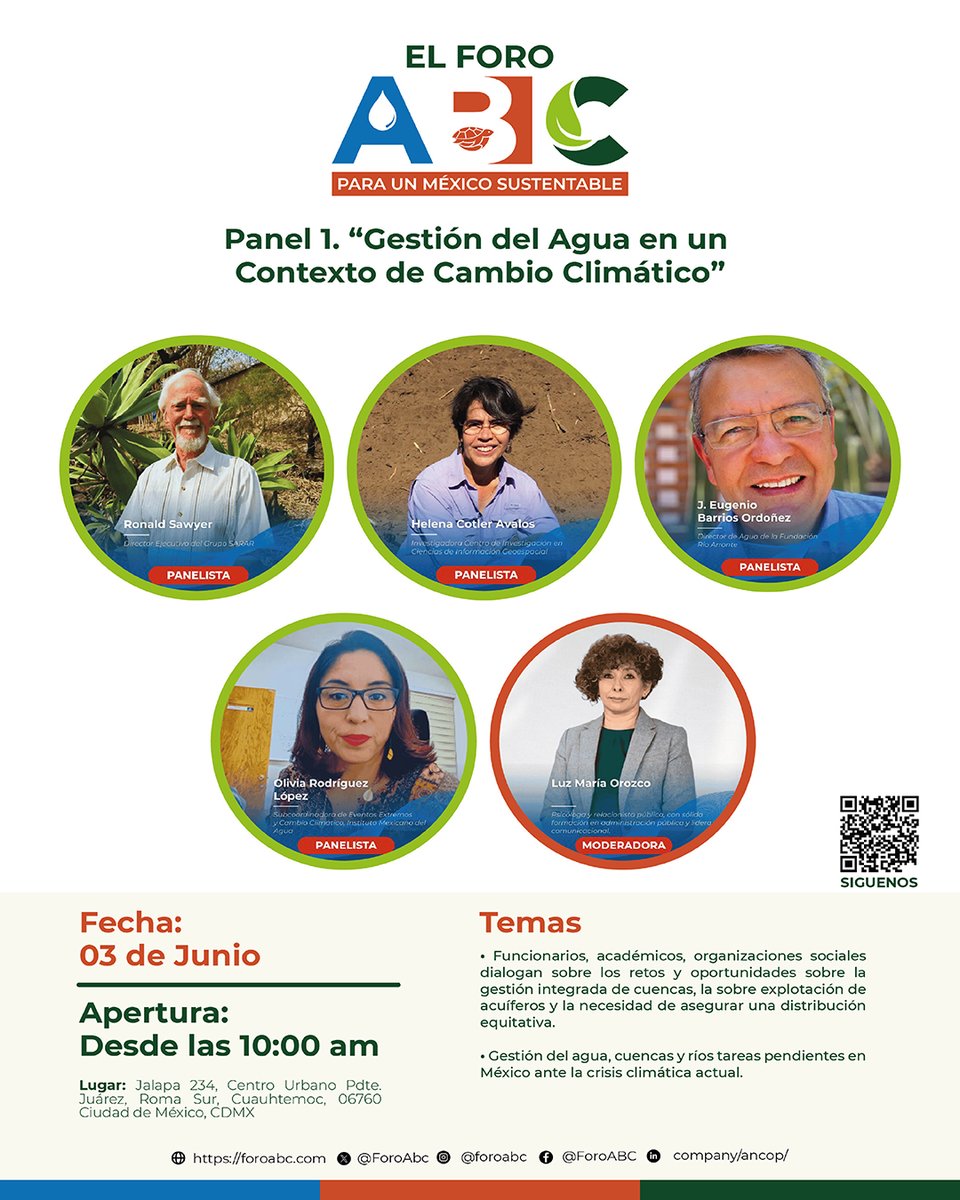 Este lunes 3 de junio arranca el @ForoABC 🌱
🕙 10:00 a.m. – Panel 1: Gestión del Agua en un Contexto de Cambio Climático
No te pierdas este gran inicio hacia un México más sustentable.