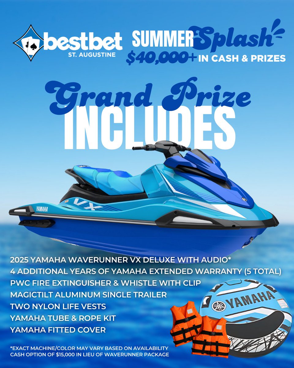 bestbet_jax's tweet image. 💦 Summer Splash is on at bestbet STA! We’re giving away over $40K in cash & prizes 🚤
🃏 Earn entries through Aug. 8—1 hour of poker or table game play = 1 entry earned
🎯 PLUS, show your player card at Powersports St. Augustine for exclusive discounts!
