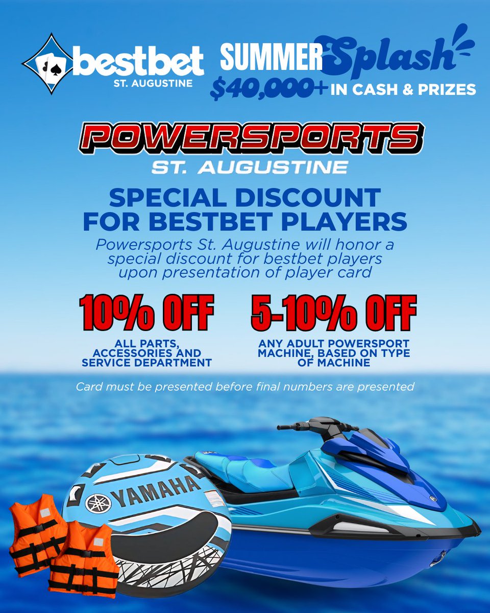 bestbet_jax's tweet image. 💦 Summer Splash is on at bestbet STA! We’re giving away over $40K in cash & prizes 🚤
🃏 Earn entries through Aug. 8—1 hour of poker or table game play = 1 entry earned
🎯 PLUS, show your player card at Powersports St. Augustine for exclusive discounts!