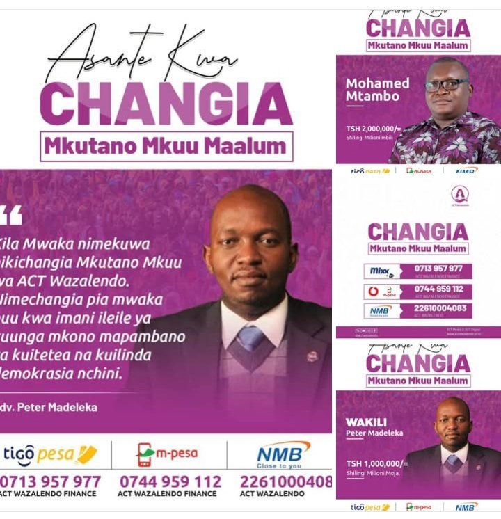 Jitu Mtu (@mtu2mtu) on Twitter photo MKUTANO MKUU TAIFA KWA HISANI YA WANACHAMA NA WADAU WA DEMOKRASIA
Chama cha <a href="/ACTwazalendo/">ACTWazalendo</a> kinatarajia kufanya Mkutano Mkuu Maalum Mwezi Julai kwa ajili ya maandalizi ya Uchaguzi Mkuu 2025.
Tunaomba michango yenu kufanikisha mkutano huo. Namba za kuchangia ziko katika bango. MKUTANO MKUU TAIFA KWA HISANI YA WANACHAMA NA WADAU WA DEMOKRASIA
Chama cha <a href="/ACTwazalendo/">ACTWazalendo</a> kinatarajia kufanya Mkutano Mkuu Maalum Mwezi Julai kwa ajili ya maandalizi ya Uchaguzi Mkuu 2025.
Tunaomba michango yenu kufanikisha mkutano huo. Namba za kuchangia ziko katika bango.