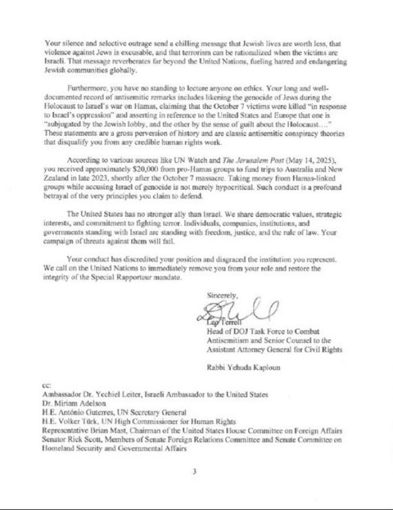 BREAKING: The Justice Department has sent a letter to the UN demanding the removal of Francesca Albanese after it was revealed that she took thousands of dollars in gifts from pro-Hamas groups.