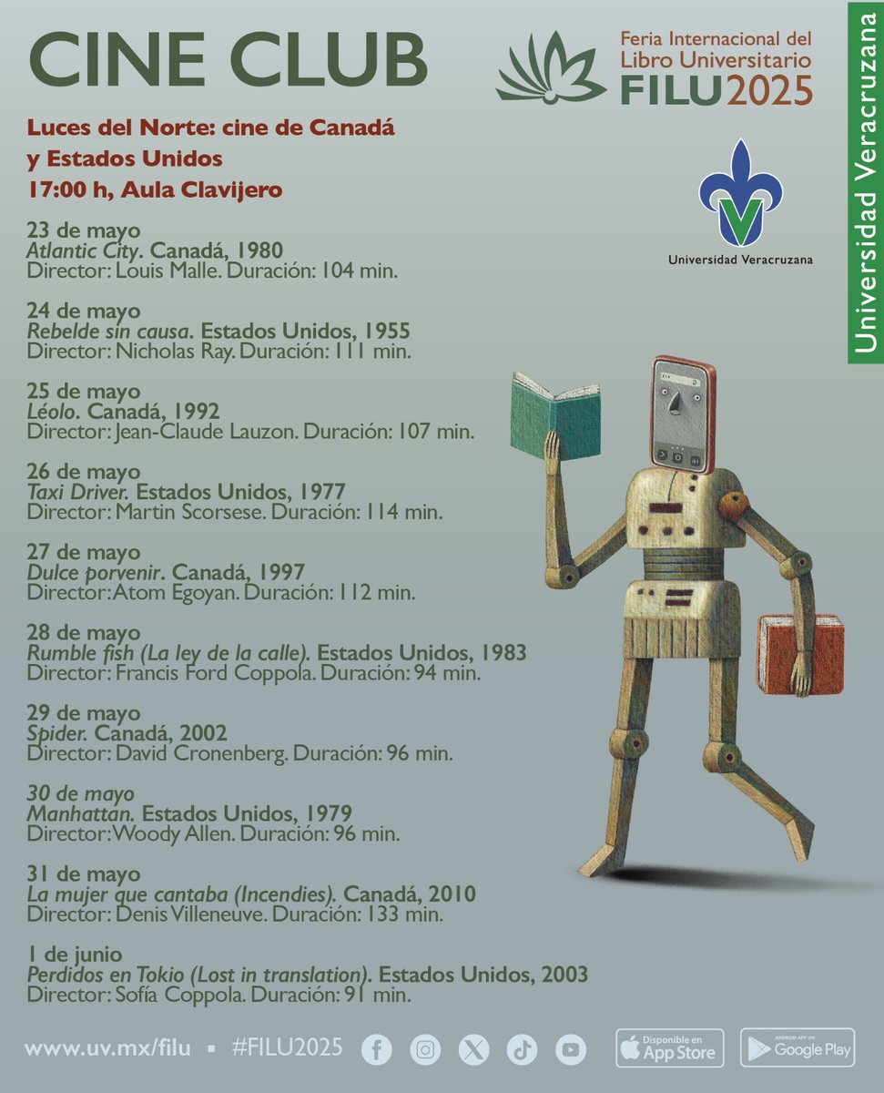 #Xalapa
En el marco de la Feria Internacional del Libro Universitario <a href="/filu_uv/">FILU UV</a>, puedes disfrutar de diferentes proyecciones de cine. ¡Habrá funciones hasta el el 1 de junio!
📽️ Luces del Norte: cine de Canadá y Estados Unidos.

📍 Aula Clavijero
✨ 17:00 horas
🎟️ Entrada gratuita
