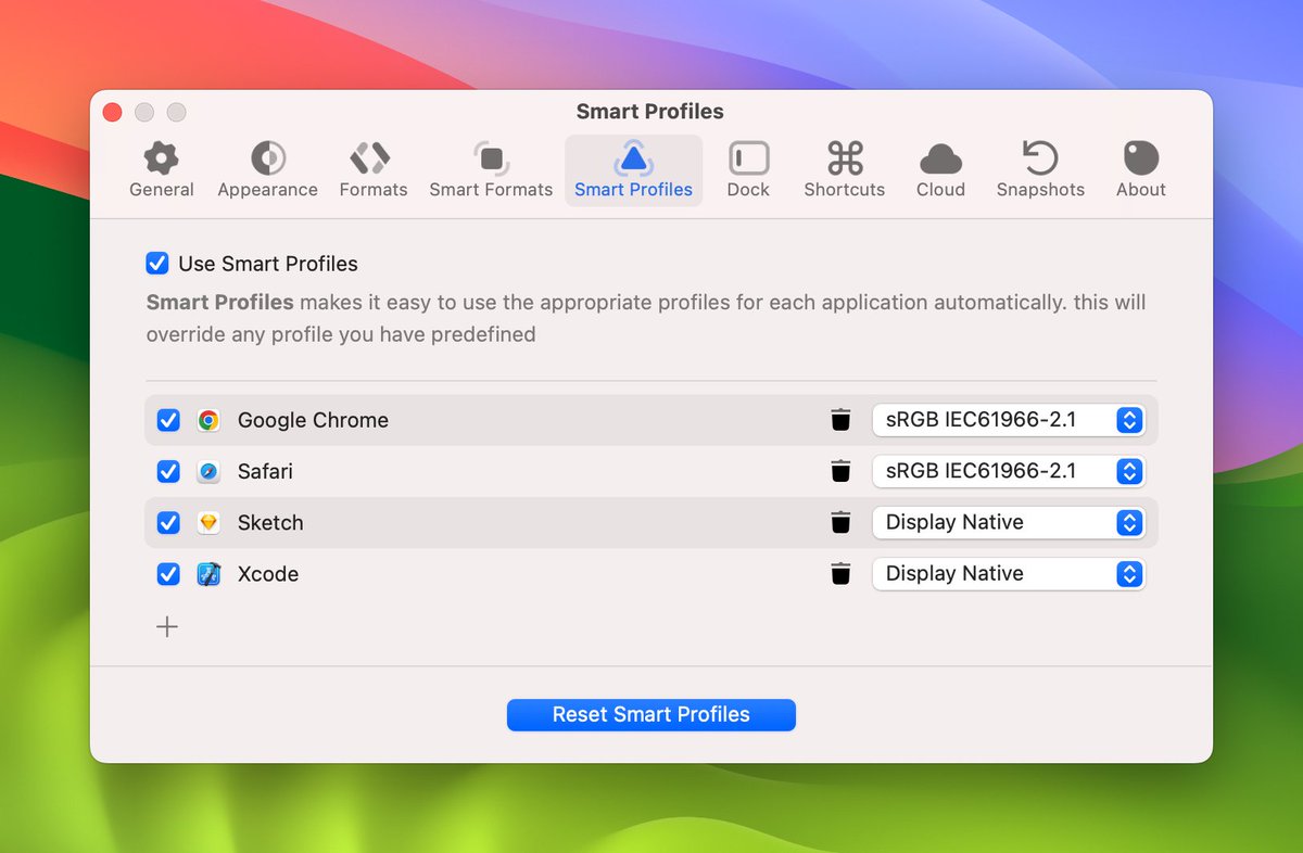 sip_app's tweet image. Smart Profiles — Context-Aware Color Picking  

🎯 Working across browsers, design tools, and code editors? Sip automatically applies the correct color profile based on the app or window you&apos;re sampling from – whether it&apos;s Safari (sRGB) or Xcode (Display P3).  

🎨 No more manual…