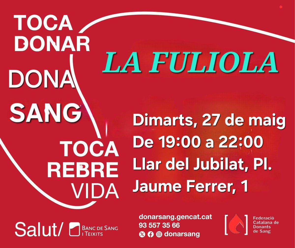 ALPINE_JOAN's tweet photo. #LaFuliola
#donasang
Dimarts,27 de maig
De 19:00 a 22:00
Llar del Jubilat,Pl.Jaume Ferrer,1
@donants_urgell @Donants_segarra @hospitalclinic @COMBarcelona @FCDS @COMLLEIDA @morenin69 @semgencat @dsangPLAdURGELL @donants_segria @donarsang @Bancdesang @Salutcat https://t.co/Ud19TbJUNu