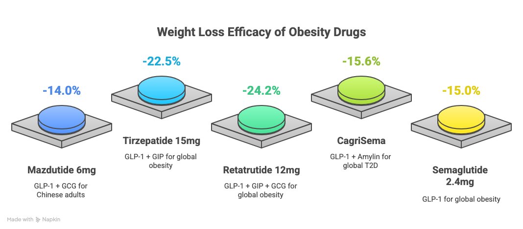 🚨 New Phase 3 Obesity Data from China

Innovent’s mazdutide (GLP-1 + glucagon) just hit -14% weight loss at 48 weeks in Chinese adults with obesity.

That’s strong, but still trails global leaders:

🔹 Tirzepatide: –22.5%
🔹 Retatrutide: –24.2%
🔹 Semaglutide: –15%

➡️ Only ~50%
