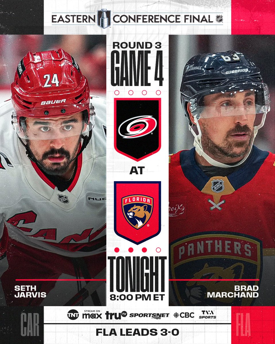 NHLPR's tweet image. The Eastern Conference Final returns tonight when the @FlaPanthers will have the opportunity to advance to the #StanleyCup Final for the third straight year, while the @Canes will aim to take their first step towards evening the series.

📺: 8 p.m. ET on @NHL_On_TNT (truTV),…