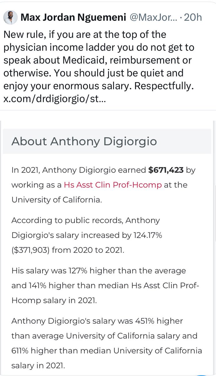 Neurosurgeons are the top 1%. Digiorgio is reported as making ~$829K—$158K more than the $671K he made in 2021 (just 2 yrs earlier), per UC pay data/UCOP. And that’s excluding Digiorgio’s other income streams. Meanwhile, from 2021→2023, median U.S. household pay went up ~$1.3K.