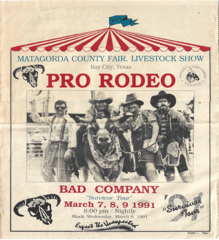 badcorodeo's tweet image. An effective marketing tool, prior to social media, was partnering with local newspapers to insert special tabloid sections to promote the local events.  This example from the Survivor Tour in 1991 promoted the Matagorda County Fair in Bay City, TX.  #BCRBackstage