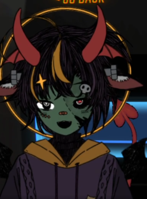 This is Grim.  (grimmietales on bsky)

I LOVE THE EYES SO MUCH
THE NOSE BANDAGE
the star and the skull hair clip
horns and devil tail!
the facial scars

10/10.