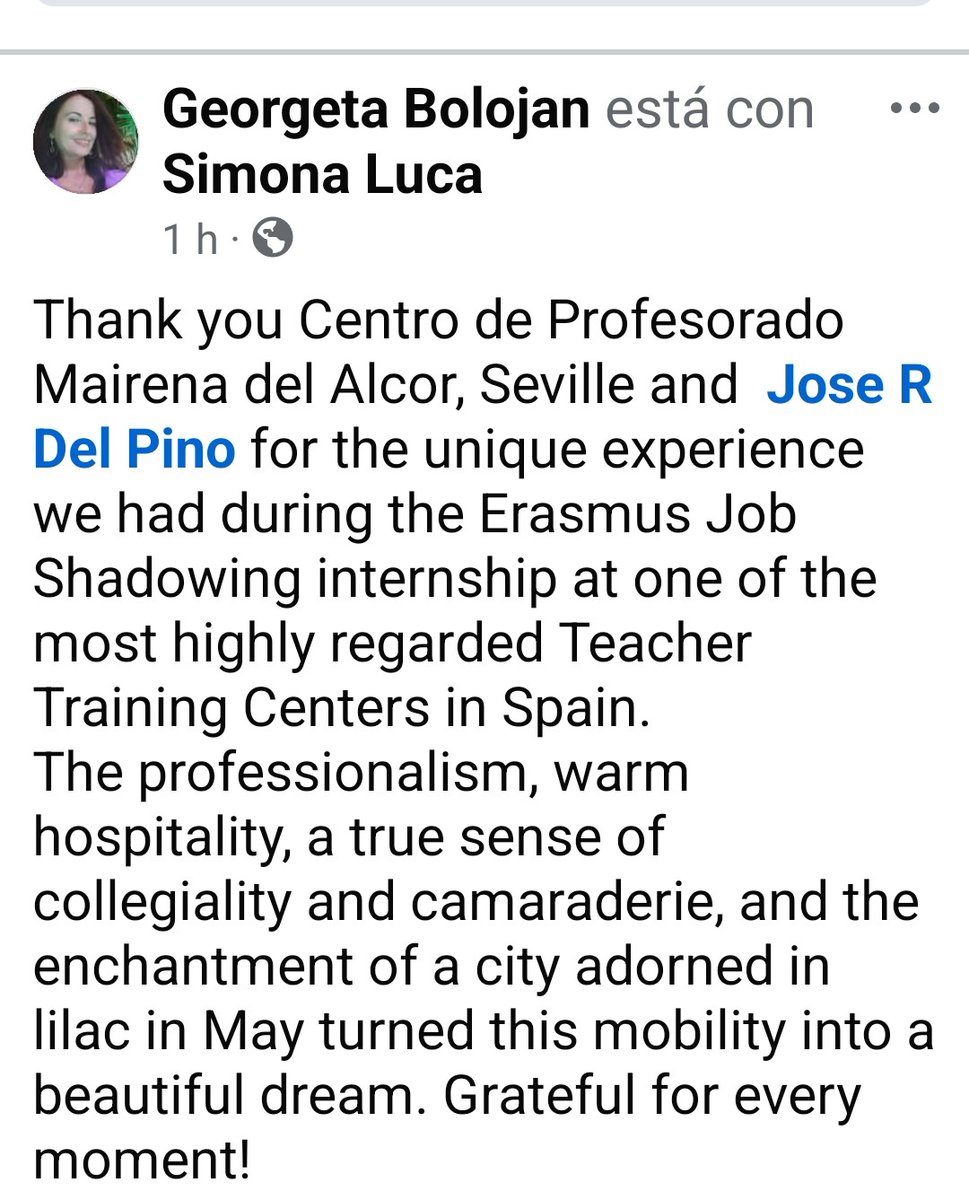 CEP MAIRENA DEL ALCOR (@cepse4) on Twitter photo Las compañeras Georgeta Bolojan y Simona Luca mandan este sentido mensaje al CEP de Mairena del Alcor tras su recién finalizado job shadowing.
<a href="/EducaAnd/">Consejería Desarrollo Educativo y FP</a> <a href="/DG_IFP/">DG de Innovación y Formación del Profesorado</a> <a href="/sepiegob/">SEPIE</a> Las compañeras Georgeta Bolojan y Simona Luca mandan este sentido mensaje al CEP de Mairena del Alcor tras su recién finalizado job shadowing.
<a href="/EducaAnd/">Consejería Desarrollo Educativo y FP</a> <a href="/DG_IFP/">DG de Innovación y Formación del Profesorado</a> <a href="/sepiegob/">SEPIE</a>