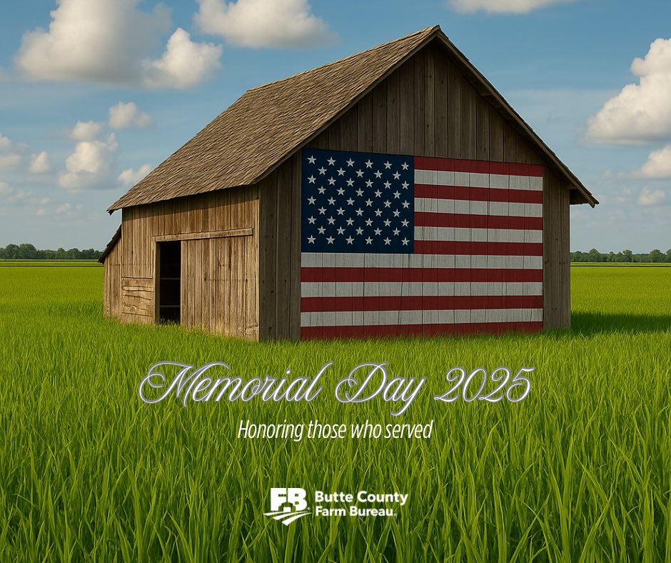 ButteCFB's tweet image. On this Memorial Day we honor those who served and thank them for our freedoms today and everyday. 

#MemorialDay  #stillfarming #cafarmers #cafarmbureau #farmbureau