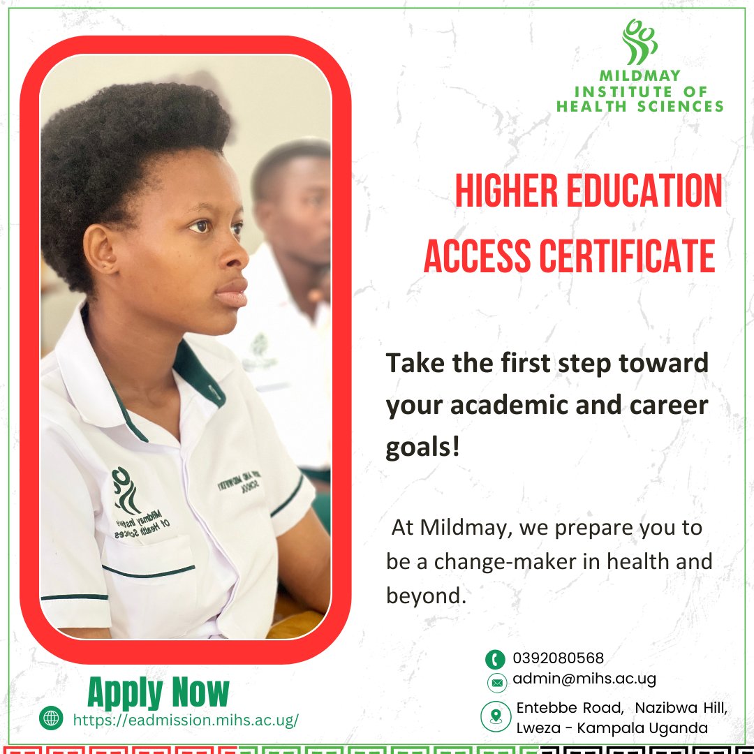 🎓 Ready to take your career to the next level?
Earn a Higher Education Certificate from Mildmay Institute of Health Sciences — where excellence meets impact.
Apply now and join a community of health leaders shaping tomorrow.
📞 Call 0392080558
#MildmayUganda #HigherEducation