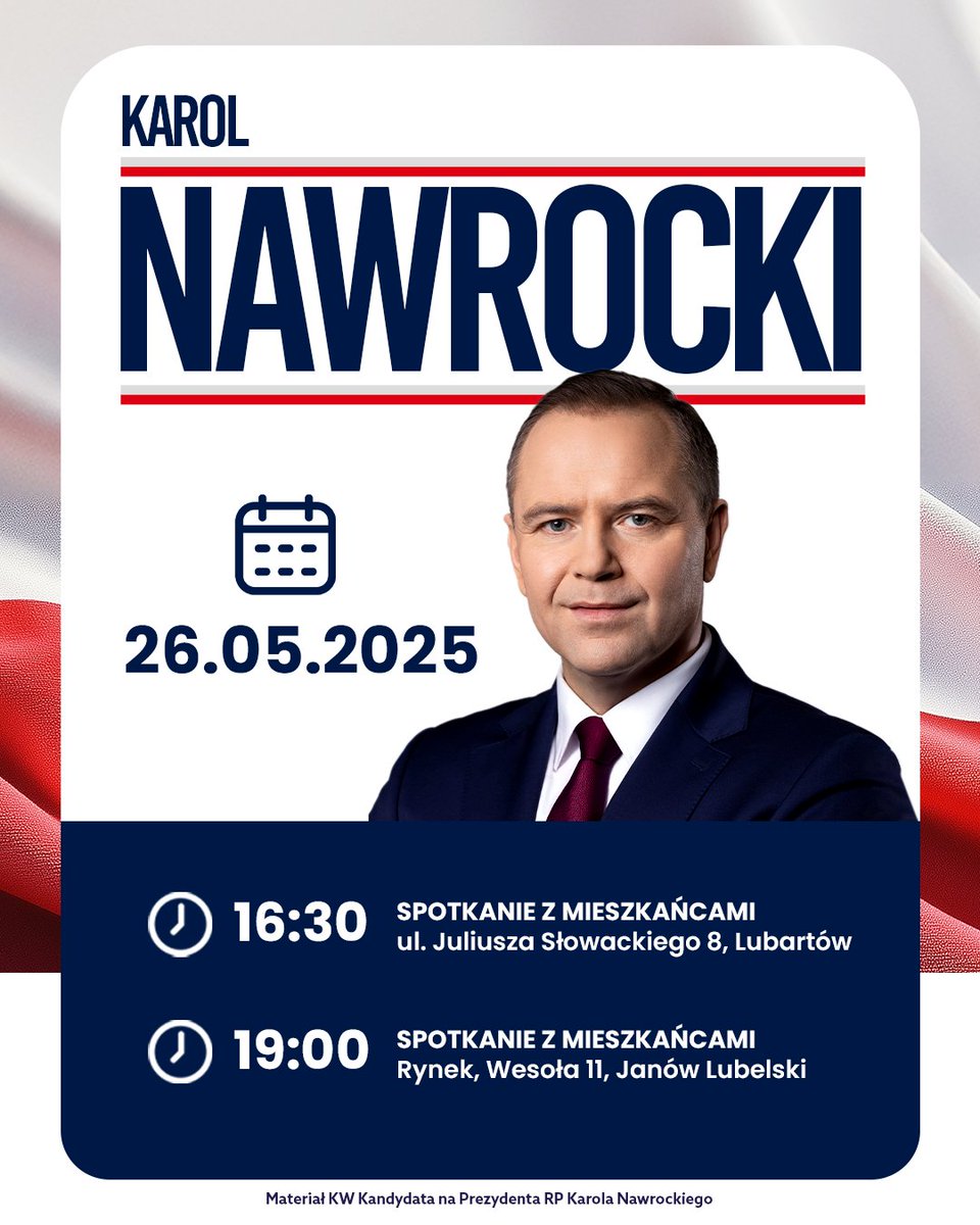🇵🇱 Jutro (26.05) zapraszamy na spotkania z kandydatem na Prezydenta RP Karolem Nawrockim. #Nawrocki2025
⏰ Godz. 16:30 – Spotkanie z mieszkańcami
📍 ul. Juliusza Słowackiego 8, Lubartów
maps.app.goo.gl/Z74rrgce457RTa…
⏰ Godz. 19:00 – Spotkanie z mieszkańcami
📍 Rynek, Wesoła 11, Janów