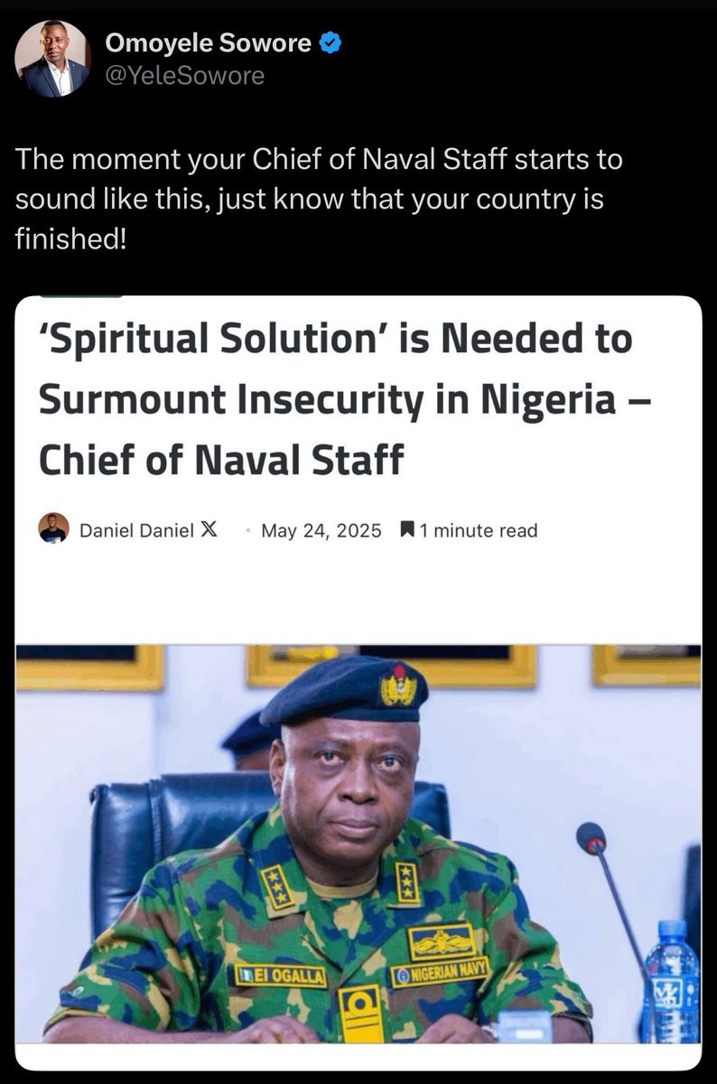On the Issue of Spirituality and National Security in Nigeria

By Olusegun Qazim

Nigeria’s Chief of Naval Staff, Vice Admiral Emmanuel Ikechukwu Ogalla recently made an interesting remark while commissioning three new places of religious worship—a Catholic Church, a Church of