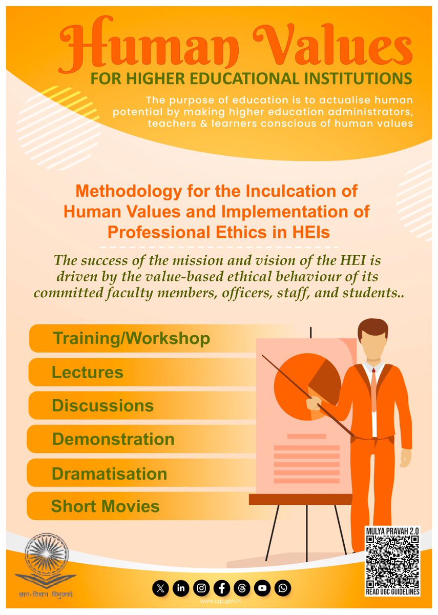 Alokm70's tweet image. 👉🏻Human Values for Higher Educational Institutions

🎯 The true purpose of education lies in actualising human potential. Through training, lectures, discussions, and creative tools like dramatisation and short films.

#HumanValues #UGCGuidelines  #ValueBasedEducation #NEP2020