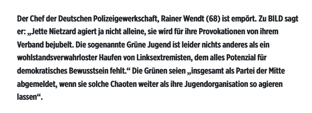Die Polizeigewerkschaft zeigt sich nach Jettes ACAB-Pulli-Aktion und ihrer Verteidigung davon nicht besonders erfreut.

Verständlich, aber auch selten so deutlich gesehen. Normalerweise hielt man sich da sehr zurück, jetzt hat man offenbar keine Lust mehr.