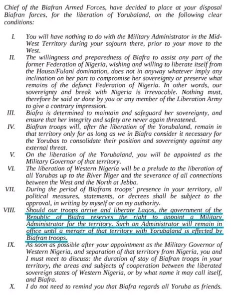 Ojukwu's letter to Victor Banjo😇😇😇

My dear Victor,

1. For some time now, you and I have been discussing the circumstances that have led to the current and inevitable disintegration of what was the Federation of Nigeria. We have been fully convinced that the aim of the