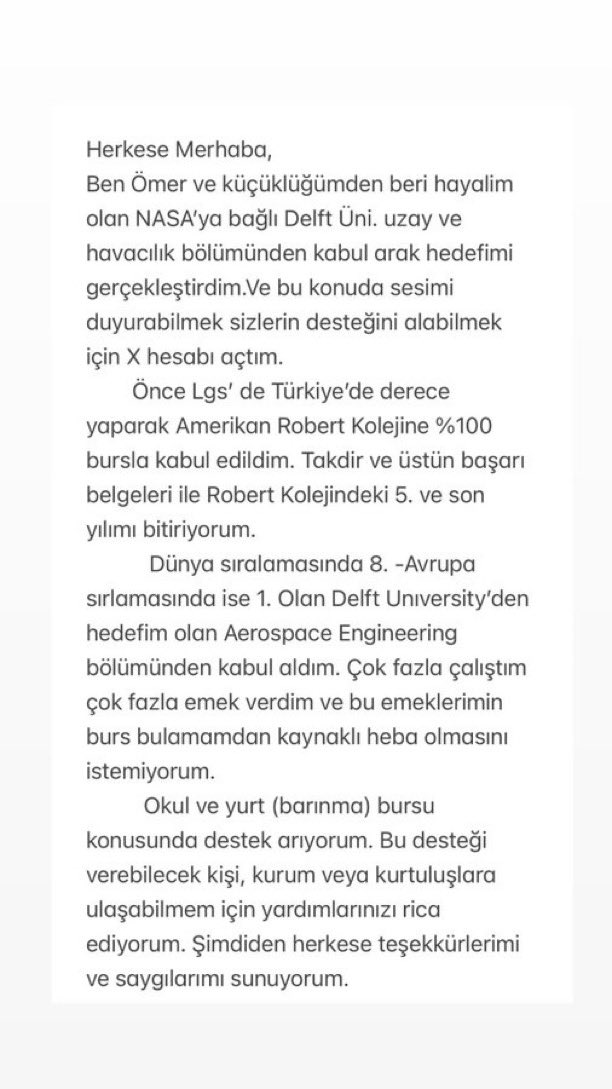 5 Yıl Özel Amerikan Robert Koleji'nde %100 bursla okuyan Ömer Dadaş isimli genç:

“Küçüklüğümden beri hayalim olan NASA'ya bağlı Delft Üni. uzay ve havacılık bölümünden kabul alarak hedefimi gerçekleştirdim.

Çevrem yok, kimseye ulaşamıyorum sizlerin desteğine gerçekten çok