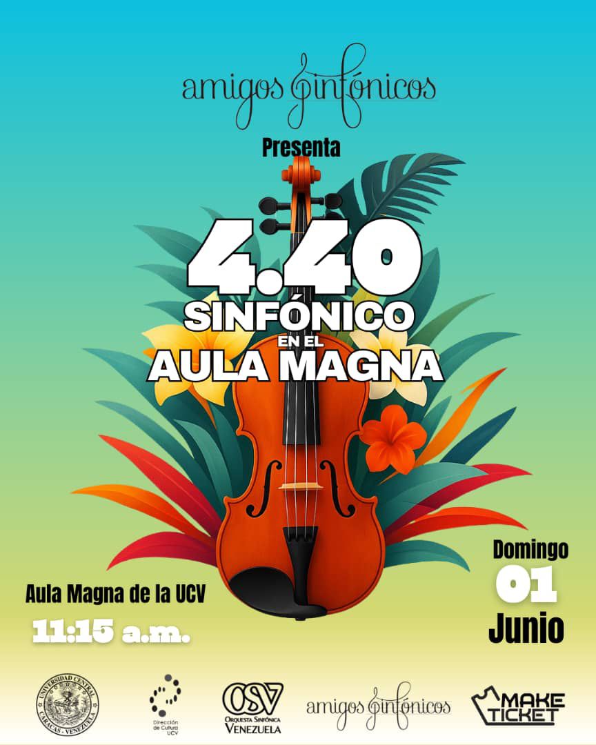 4.40 Sinfónico en el Aula Magna UCV.

Queremos invitarte a disfrutar de lo mejor del repertorio de esta icónica agrupación caribeña con la <a href="/SinfonicadeVzla/">Orquesta Sinfónica Venezuela</a> bajo la batuta de Jesús Uzcátegui.

Entradas en maketicket.com.ve/evento/tributo… y en taquilla de Aula Magna UCV de 10am a 3pm.