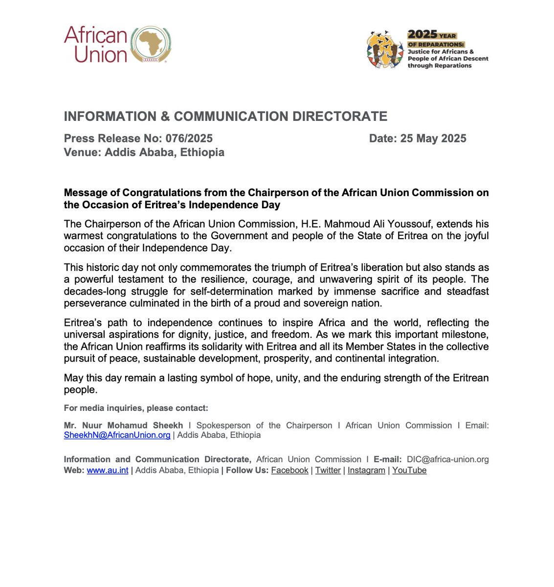 African Union (@_africanunion) on Twitter photo Message of Congratulations from the Chairperson of the African Union Commission <a href="/ymahmoudali/">Mahmoud Ali youssouf</a> on the Occasion of #Eritrea’s Independence Day.
Read @ au.int/en/pressreleas… Message of Congratulations from the Chairperson of the African Union Commission <a href="/ymahmoudali/">Mahmoud Ali youssouf</a> on the Occasion of #Eritrea’s Independence Day.
Read @ au.int/en/pressreleas…