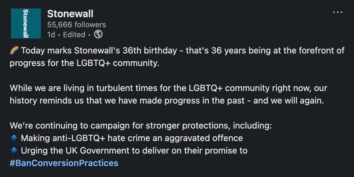 Congratulations to <a href="/stonewalluk/">Stonewall</a> on 26 years of being a much needed and successful charity.