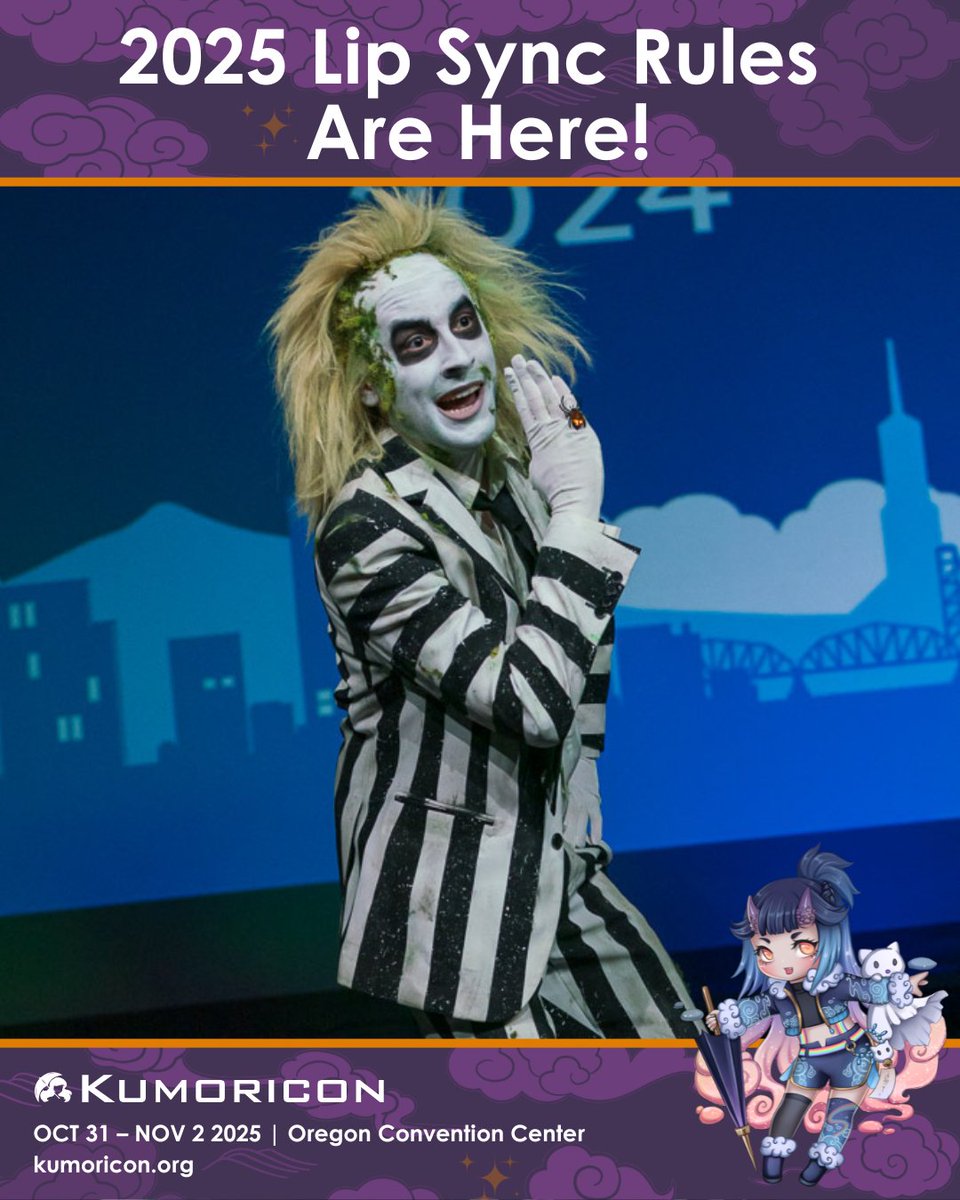 kumoricon's tweet image. The rules for the 2025 Lip Sync Events are now available on our Kumoricon website! Visit kumoricon.org/lip-sync-showd… and read through the updated guidelines. You'll find everything you need to know, from time limits, rules, criteria and more, to help you bring your best to the stage.