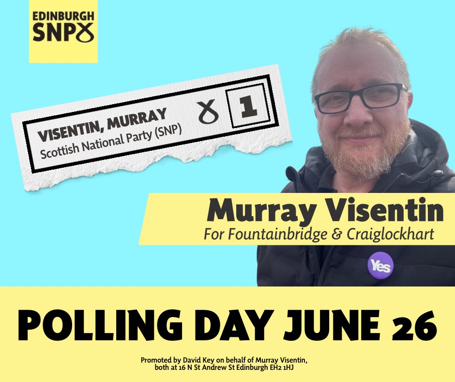 Edinburgh SNP (@edinburghsnp) on Twitter photo 🗳️ Murray Visentin has been selected to stand as the <a href="/EdinburghSNP/">Edinburgh SNP</a> candidate in the upcoming council by-election.
🗳️ Vote Visentin #1 for a local champion truly embedded in the community.
🗳️ Register by June 10th to participate!
gov.uk/register-to-vo… 🗳️ Murray Visentin has been selected to stand as the <a href="/EdinburghSNP/">Edinburgh SNP</a> candidate in the upcoming council by-election.
🗳️ Vote Visentin #1 for a local champion truly embedded in the community.
🗳️ Register by June 10th to participate!
gov.uk/register-to-vo…