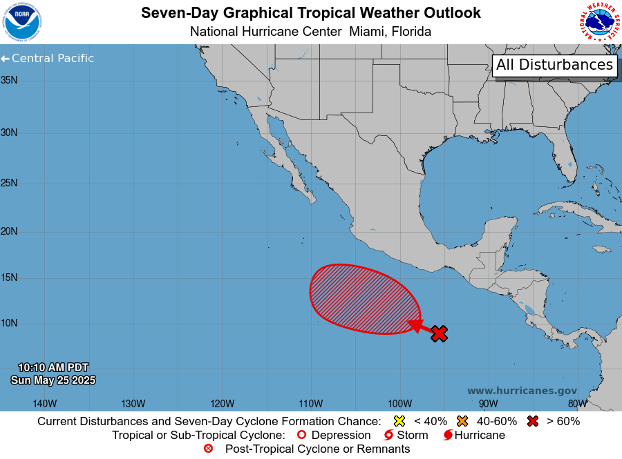 11am PDT May 25: A tropical cyclone will likely form in a few days well offshore southern Mexico.  The system has an 80% chance of formation.

Latest Outlook: nhc.noaa.gov/gtwo.php?basin…